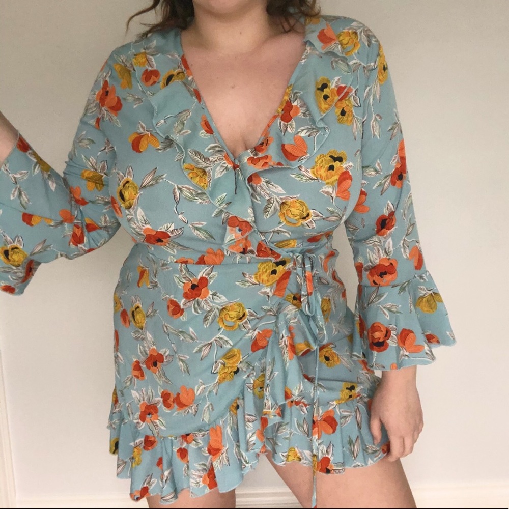 Pretty Little Thing Blue & Orange Floral Ruffle Wrap Dress - Picture 10 of 10